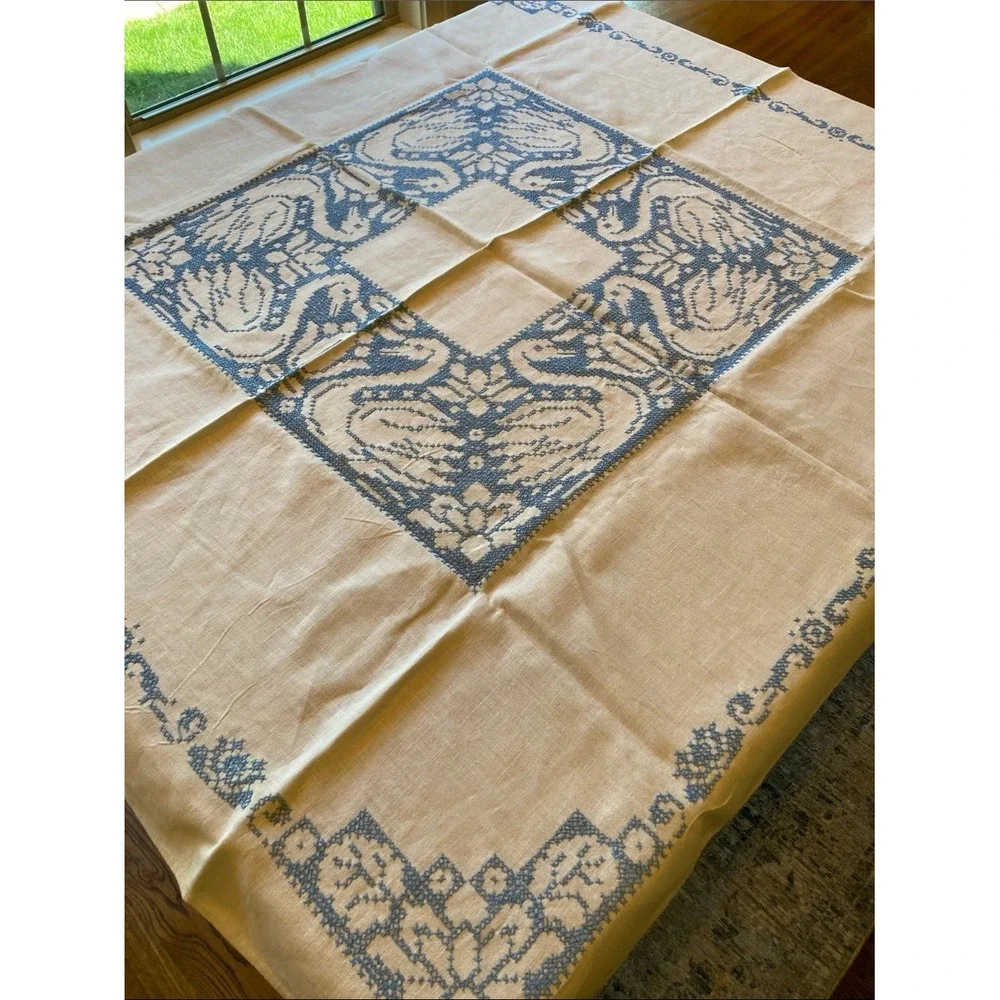 Hand-Embroidered Blue White Assisi-style Cross-stitch‎ Swan Tablecloth 48x50